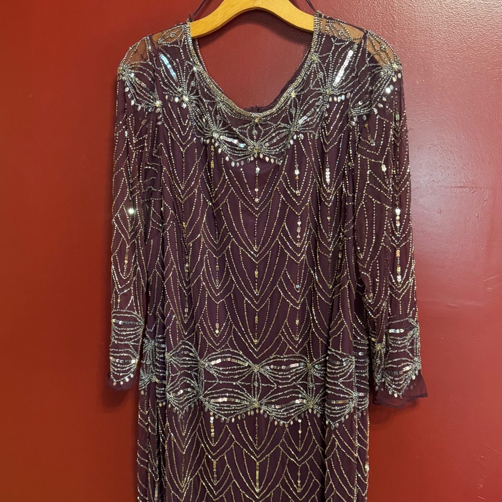 Pisarro Nights Beaded‎ Dress Size 18 Purple Cocktail Dress Party Maximalist Chic